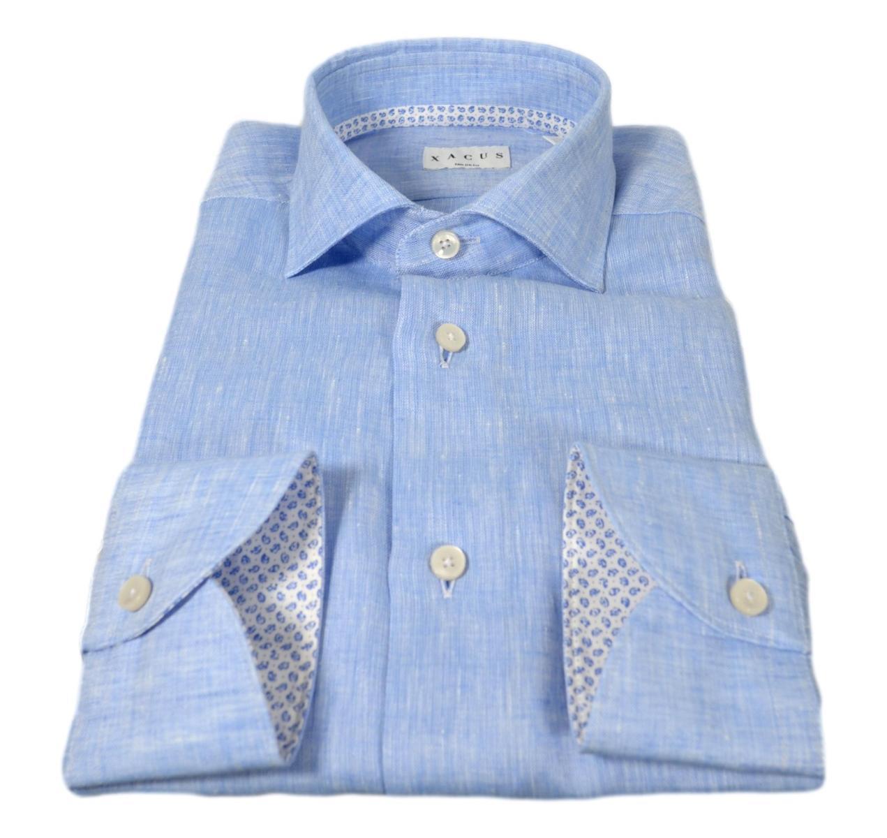 XACUS Camicia Uomo Lino e Cotone 61923001 Modello Tailor Colore Celeste-Multicolore