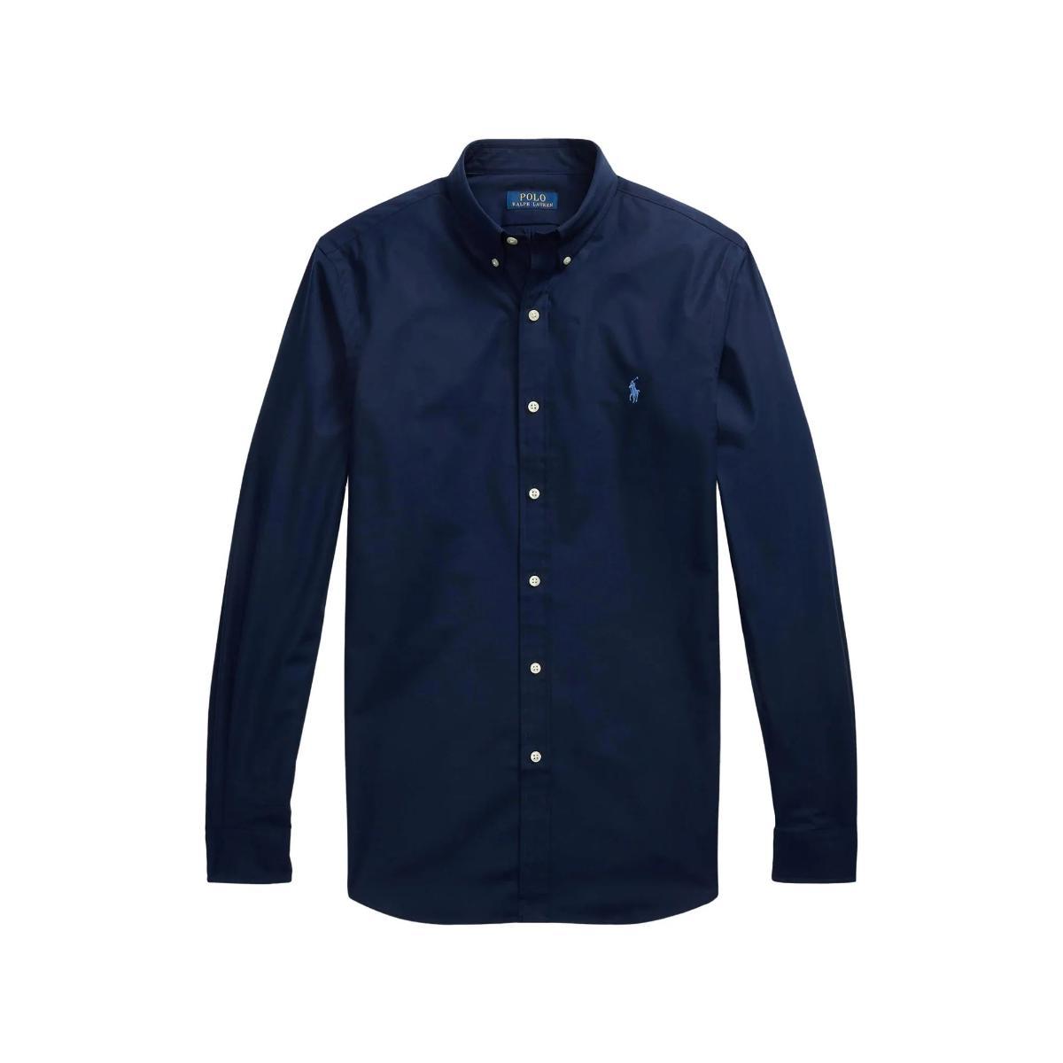 POLO RALPH LAUREN Camicia in Misto Cotone Blu con Logo a Contrasto-Navy