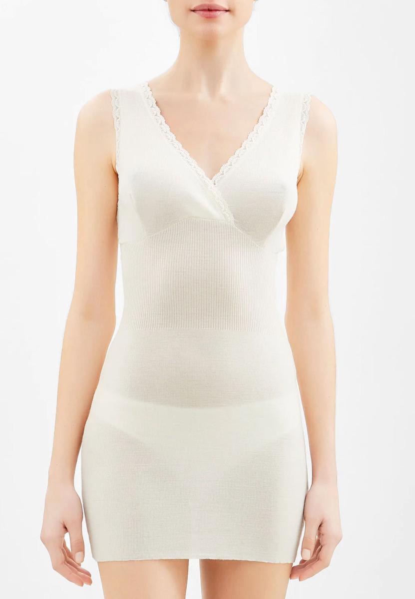 RAGNO 0041L8 Pura Lana Maglietta a manica corta in lana di peso medio con pizzo-Bianco