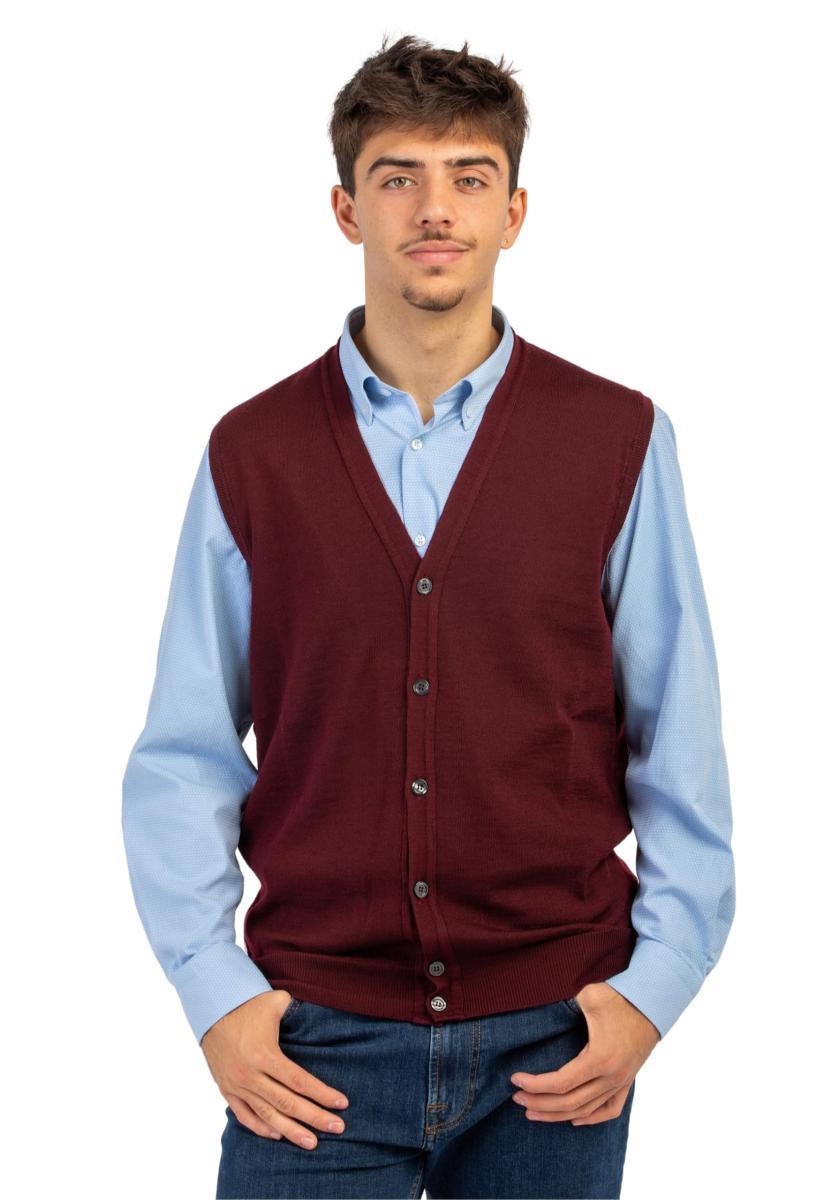 Premode Gilet Uomo Aperto 100% Lana Merinos-Bordeaux