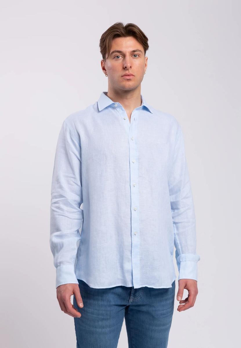 Camicia Uomo Manica Lunga 100% Lino Tinta Unita INGRAM 5M094-400-REG-C-Azzurro