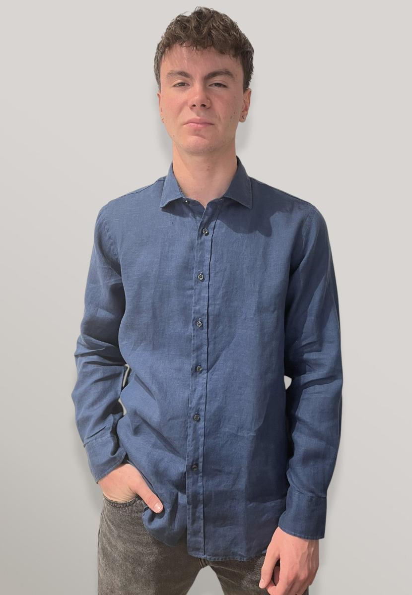 Camicia Uomo Manica Lunga 100% Lino Tinta Unita INGRAM 5M094-400-REG-C-Blu