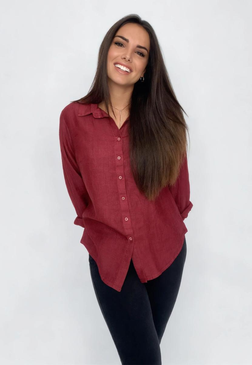 VLT’S Camicia Donna Lino Manica Lunga Made in Italy Art. 26-00M-Bordeaux