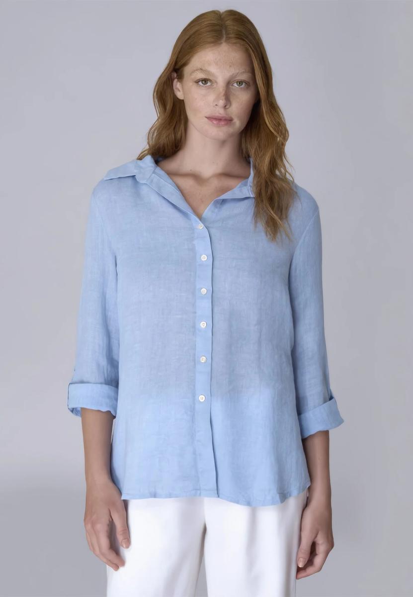 VLT’S Camicia Donna Lino Manica Lunga Made in Italy Art. 26-00M-Azzurro