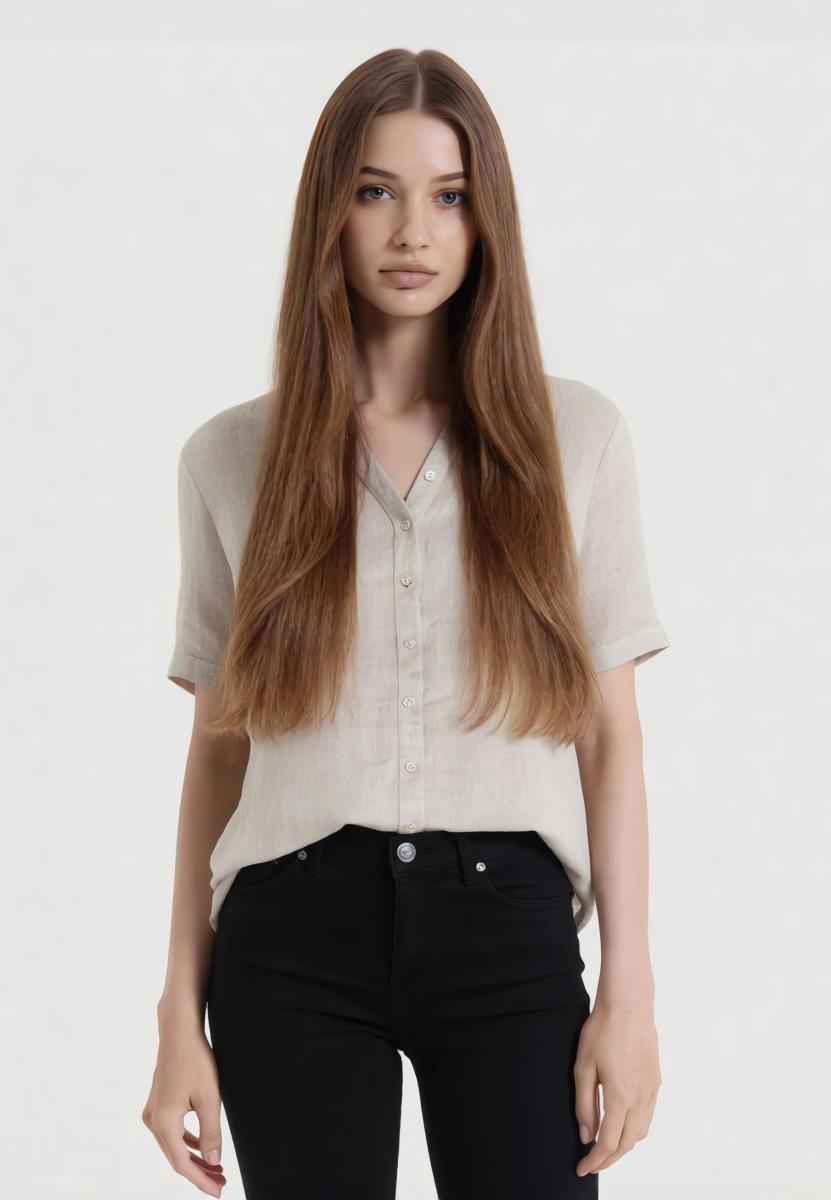 VLT’S Camicia Donna Lino Collo Coreana Mezza Manica Art. 26-10M-Beige