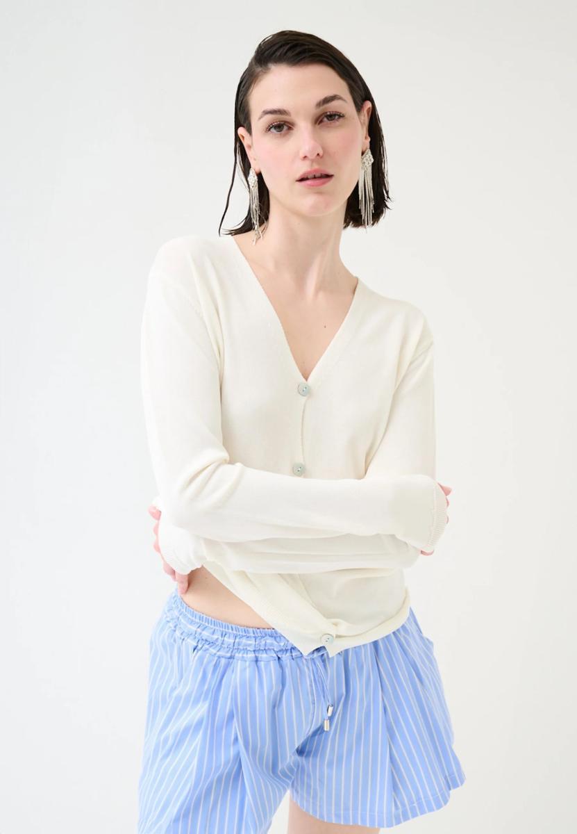 Kikisix Cardigan Donna Scollo V Viscosa Estiva KXCR2504-Panna