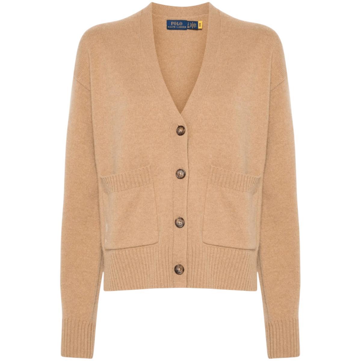 Cardigan Donna con tasche applicate Beige-Beige