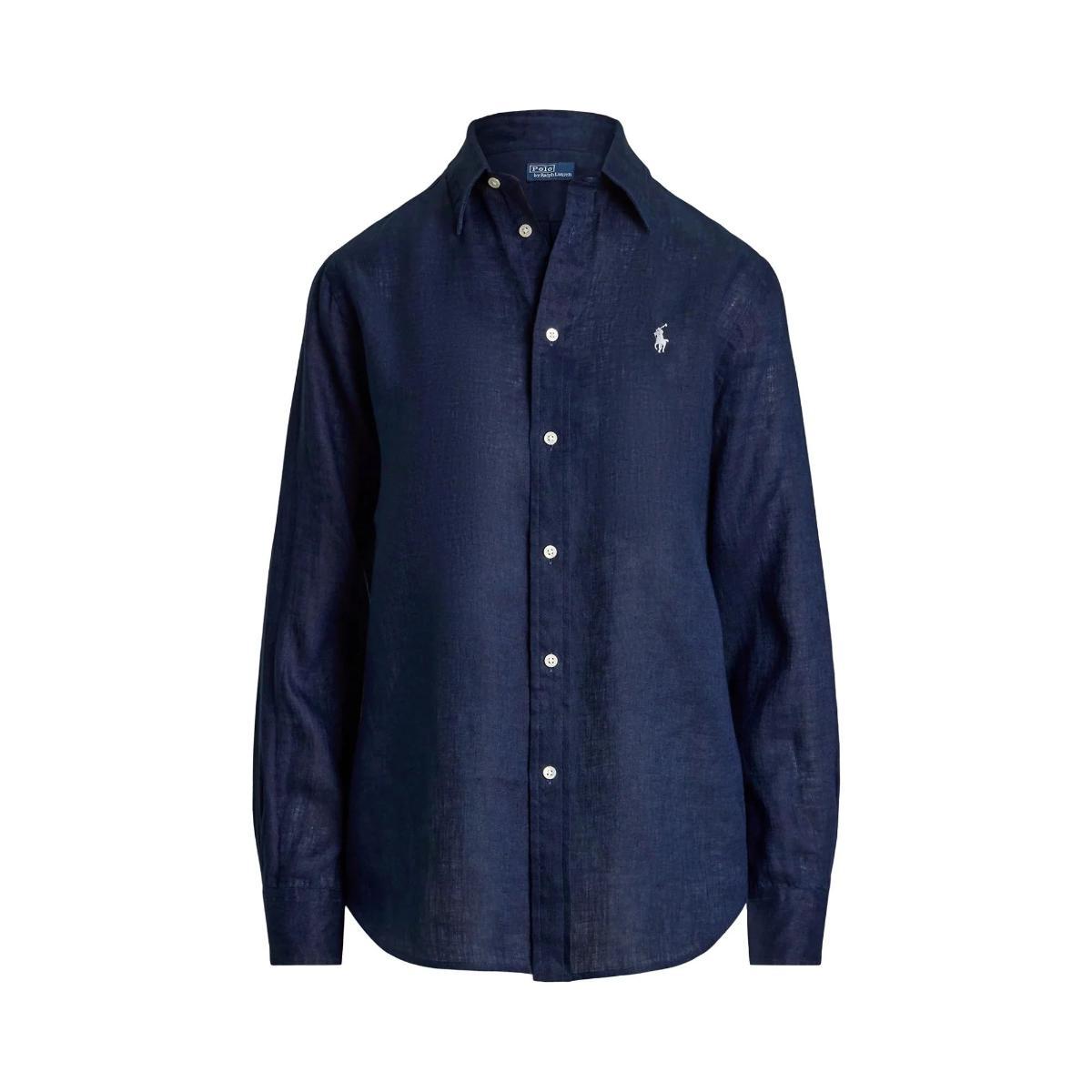 POLO RALPH LAUREN Camicia Donna in Lino Blu con Logo Ricamato