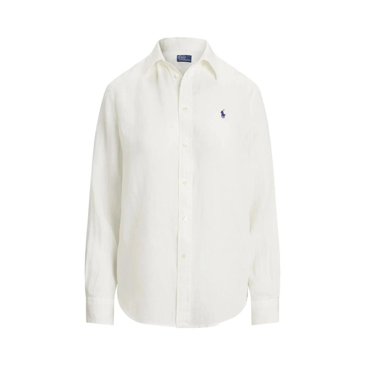 POLO RALPH LAUREN Camicia di Lino Bianco Oxford con Logo Ricamato-Bianco Oxford