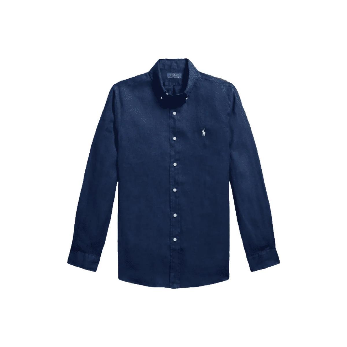 RALPH LAUREN Camicia Uomo Lino Custom Fit Blu Newport-Blu