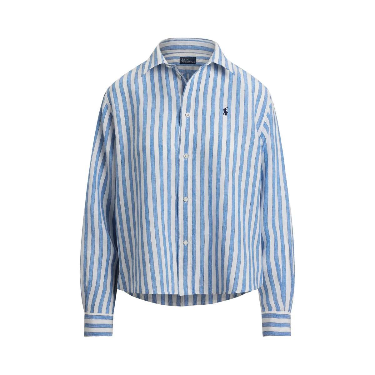 POLO RALPH LAUREN Camicia di Lino a Righe Bianche e Azzurre con Logo