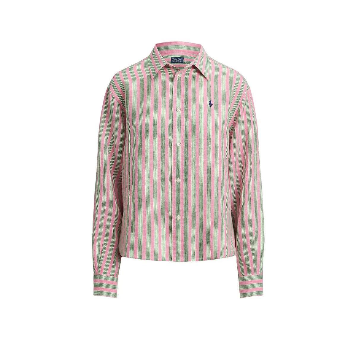 POLO RALPH LAUREN Camicia di Lino Rosa a Righe Verdi con Logo-Rosa/Verde