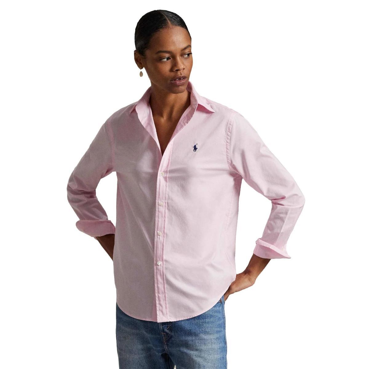 POLO RALPH LAUREN Camicia di Cotone Rosa con Logo a Contrasto-Rosa