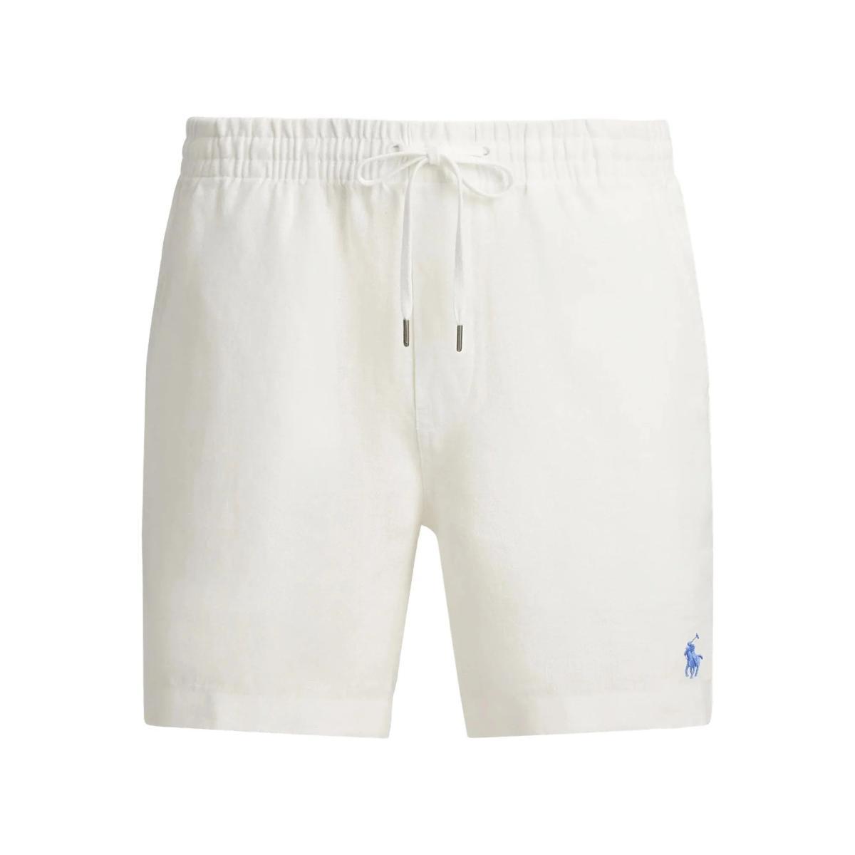 POLO RALPH LAUREN Pantaloncini di Lino Bianchi con Logo Azzurro