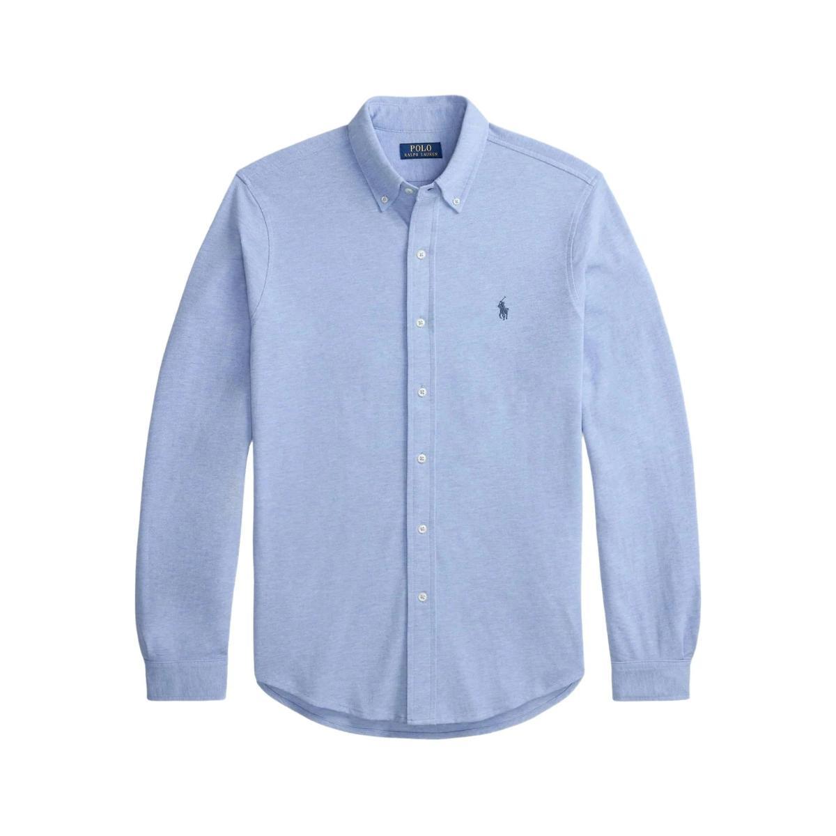 POLO RALPH LAUREN Camicia Azzurra in Cotone con Logo a Contrasto-Azzurro