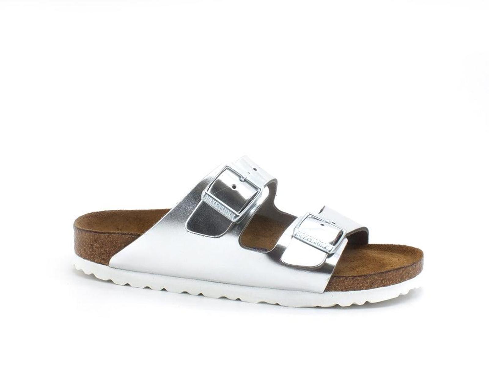Birkenstock Arizona Sfb Metallic Silver, Natural Leather Ciabatte Donna-Argento