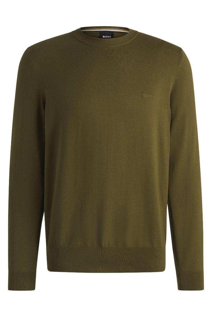 BOSS Maglione Uomo Pacas-L Girocollo in Cotone con Logo Ricamato-Verde