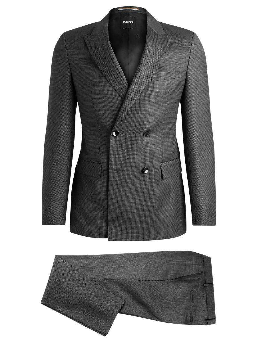 BOSS Abito Uomo Slim Fit Doppiopetto in Lana Con Micromotivo 50518118 Colore Grigio-Grigio