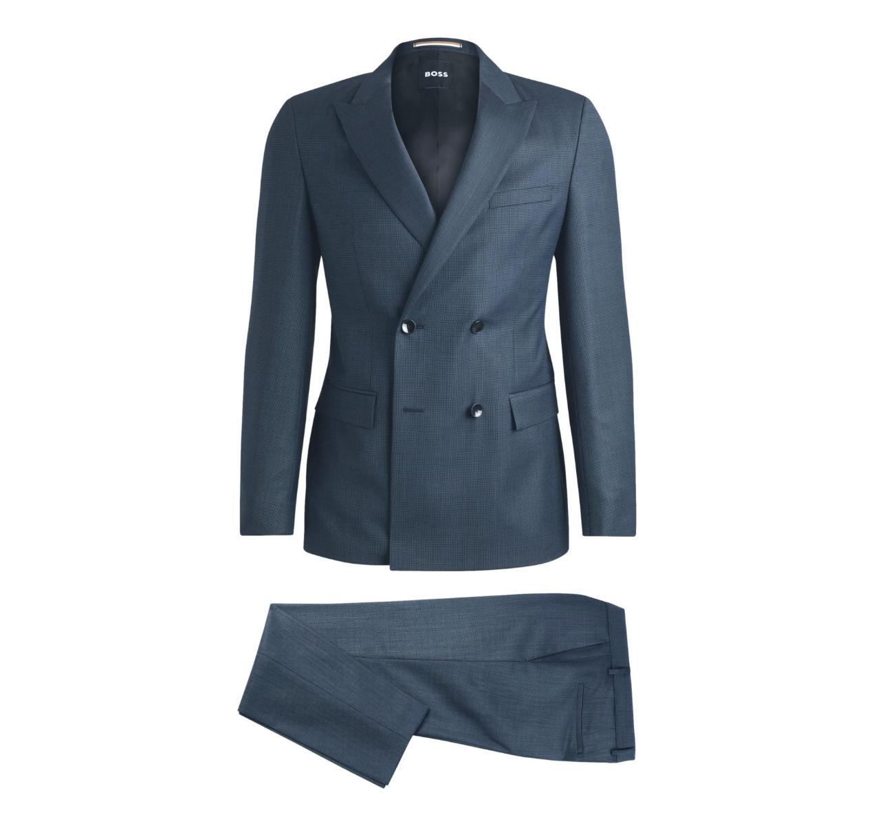 BOSS Abito Uomo Slim Fit Doppiopetto in Lana Con Micromotivo 50518118 Colore Blu-Blu