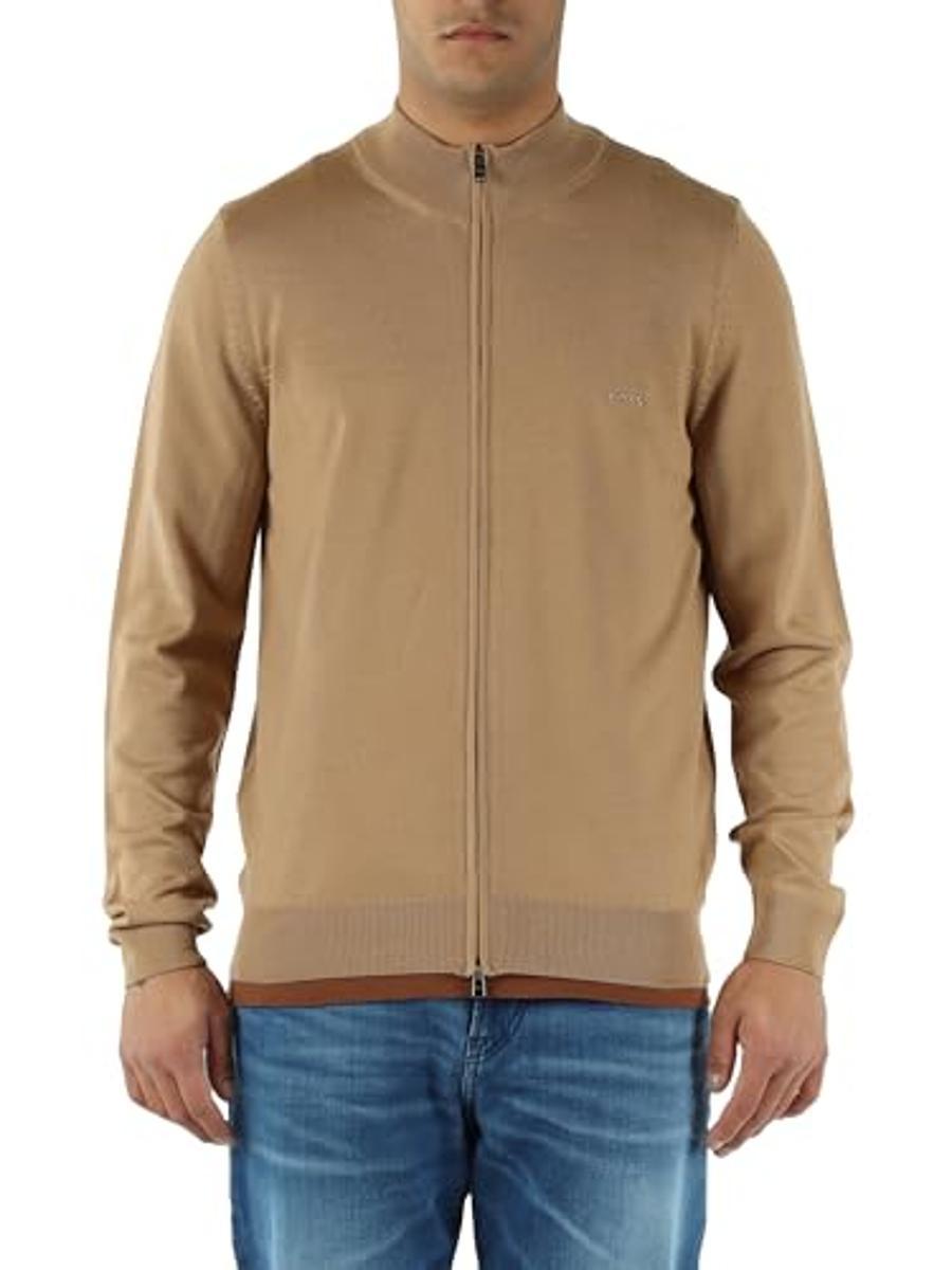 BOSS Cardigan Uomo In Lana Vergine Con Zip E Logo Ricamato Balonso L 50476347 Colore Beige Scuro-Beige