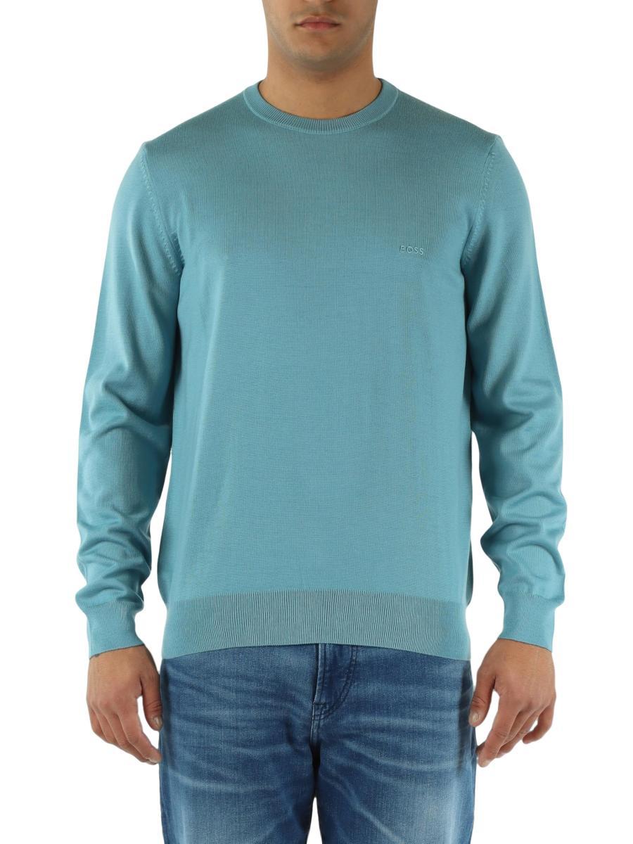 BOSS Maglia Girocollo in Cotone con Ricamo Logo | 5BHUA50476364 453 Azzurro
