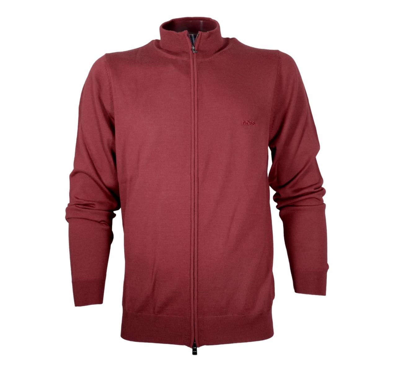 BOSS Cardigan Zip Uomo In Lana Vergine e Logo Ricamato Balonso 50476347 Colore Bordeaux-Multicolore