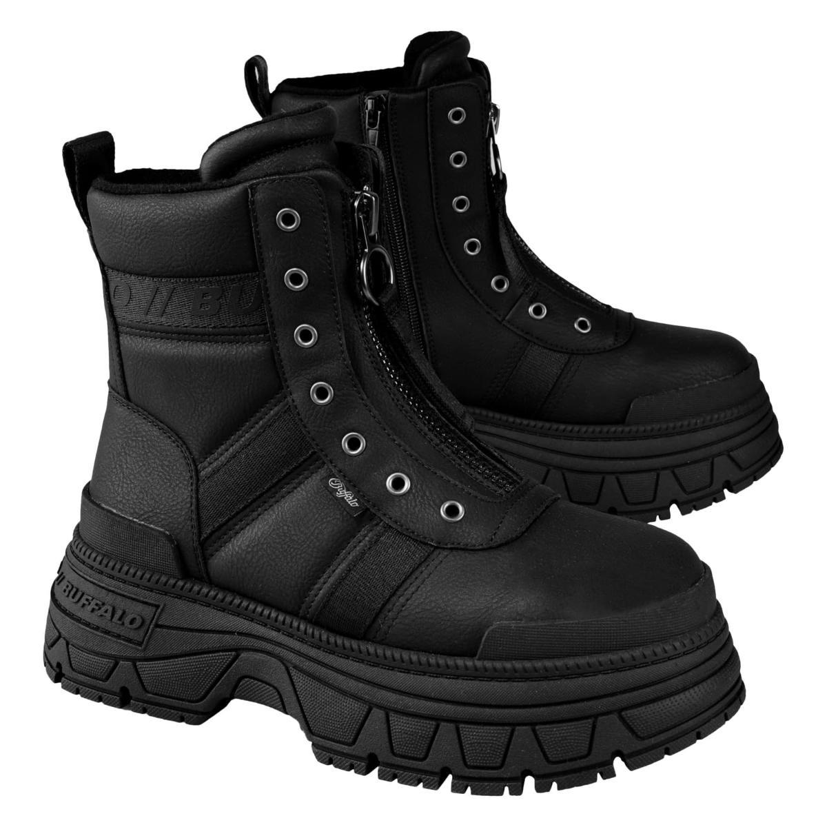 Buffalo Fusion Front ZIP - Stivali da combattimento da donna con plateau, in nappa vegana, con cerniera frontale-Nero