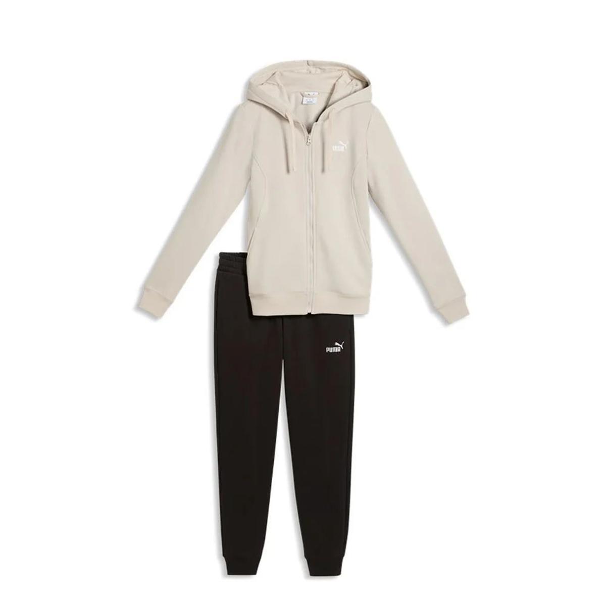 PUMA Sweat Fleece Tuta da Donna con Cappuccio e Zip Integrale, Felpa e Pantaloni, Beige/Nero-Beige