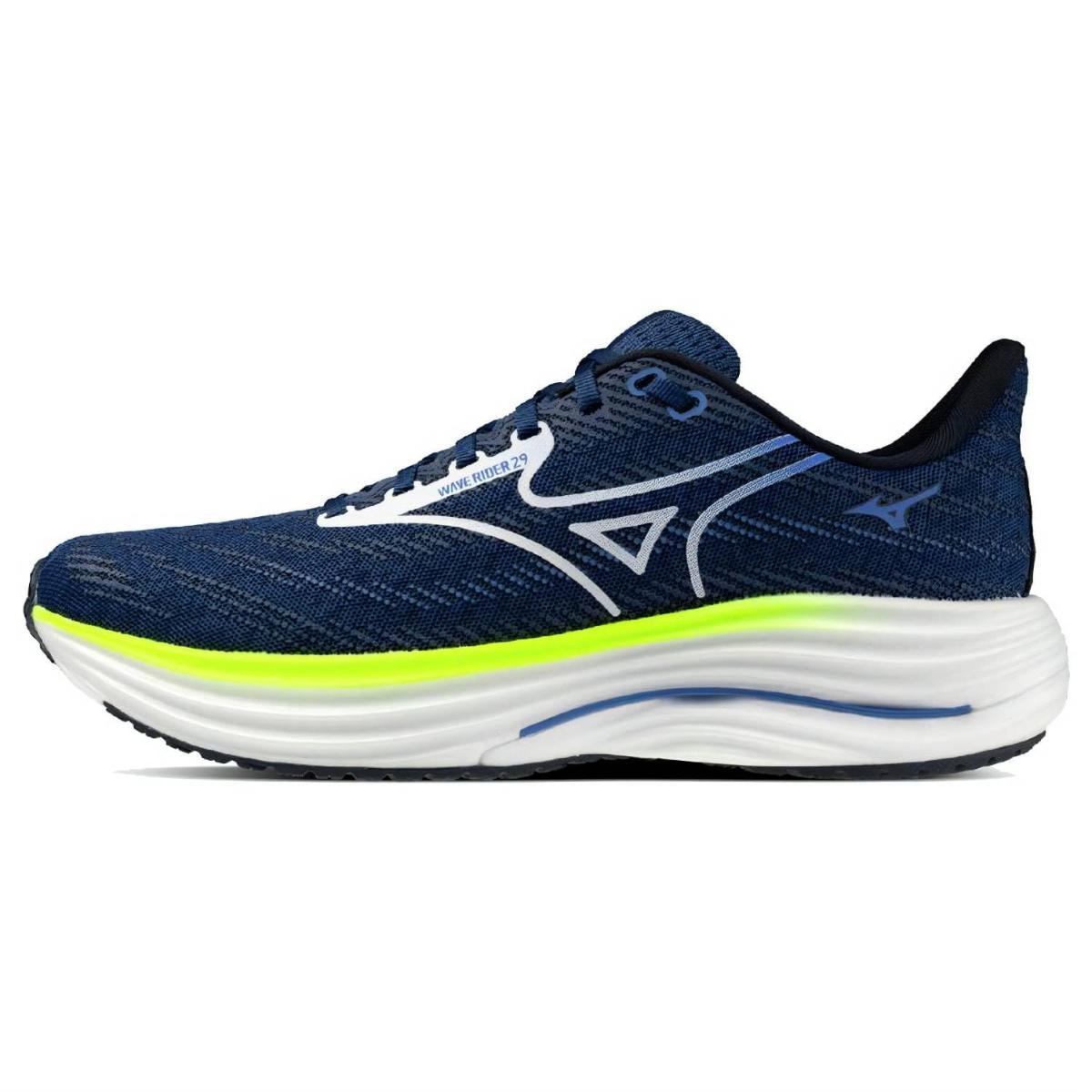 Mizuno Wave Rider 29 - Scarpe da corsa da uomo, colore: Blu / Bianco / Giallo fulmine
