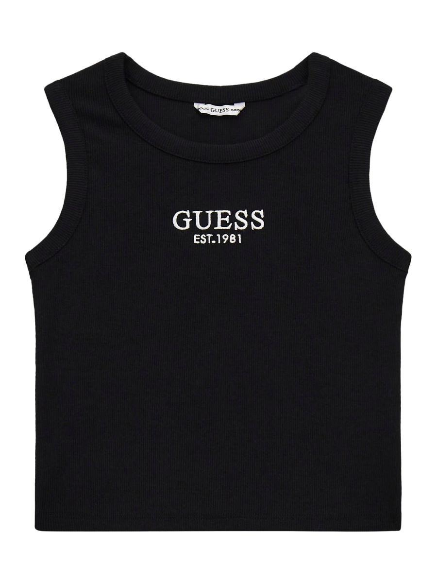 Guess Canotta Midi da Ragazza in Maglia a Coste Senza Maniche Eco-Nero