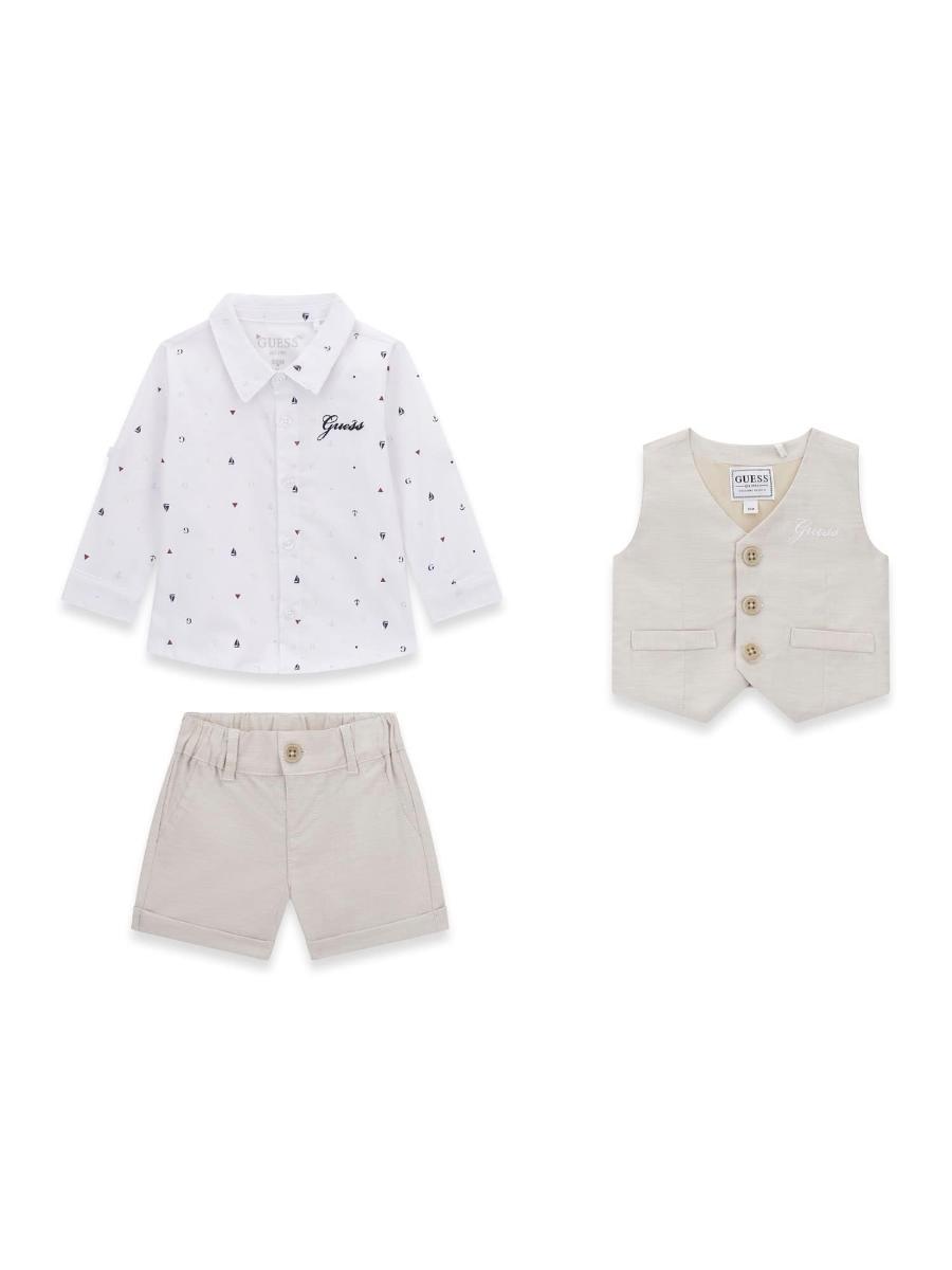 GUESS Long Sleeve Shirt, Vest and Shorts 3 Piece Set di vestiti da gioco per bambini-Beige