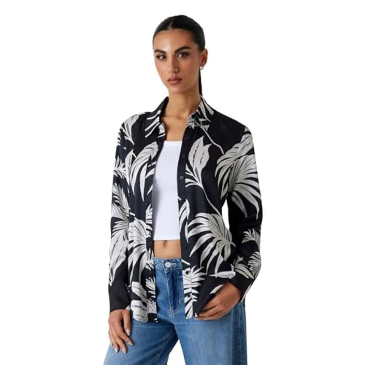 GUESS Camicia a maniche lunghe con scollo aperto tropicale da donna-Nero