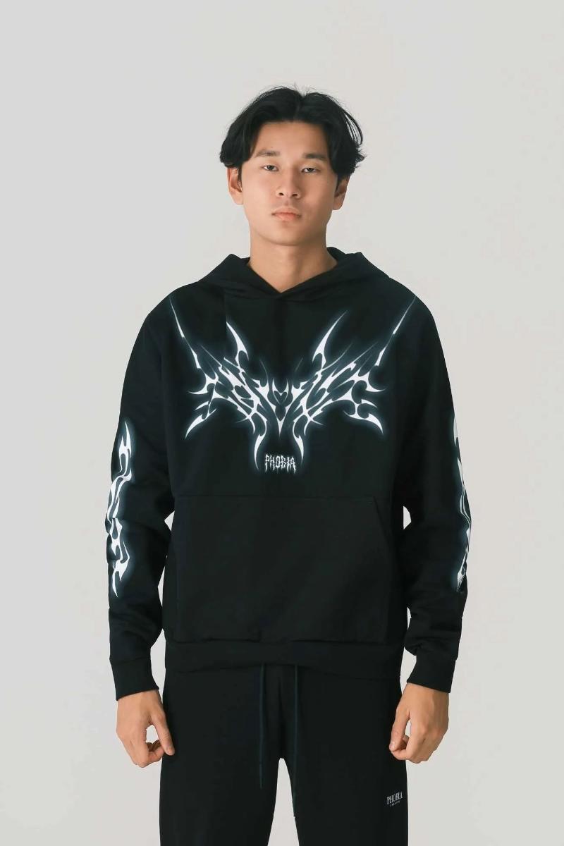BLACK HOODIE WITH GREY TRIBAL-Nero