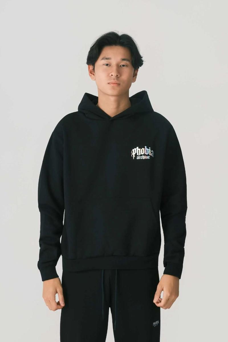 BLACK HOODIE WITH HOLOGRAPHIC LOGO BACK