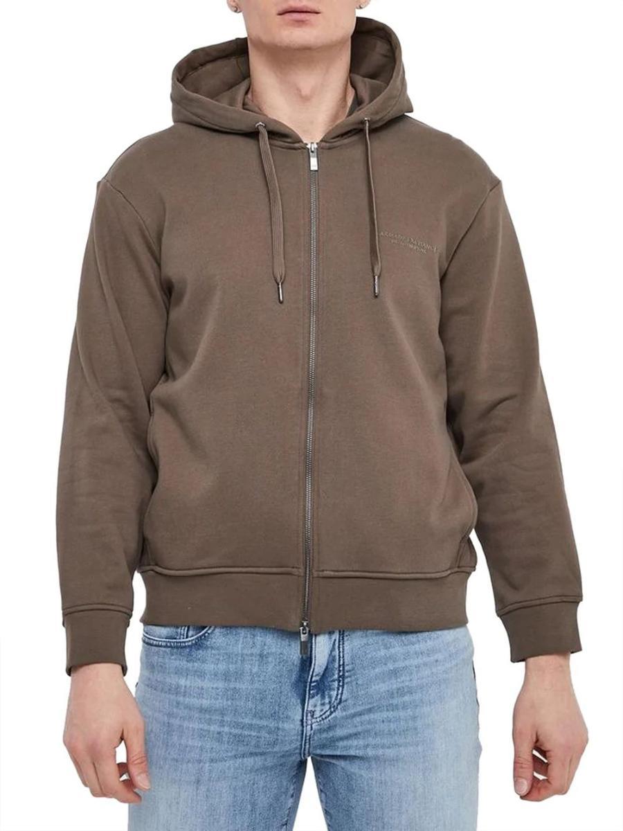 Armani Exchange Genuine Cotton, Zipped, Long Sleeve Side Logo Felpa con Cappuccio Uomo (Pacco da 1)-Marrone