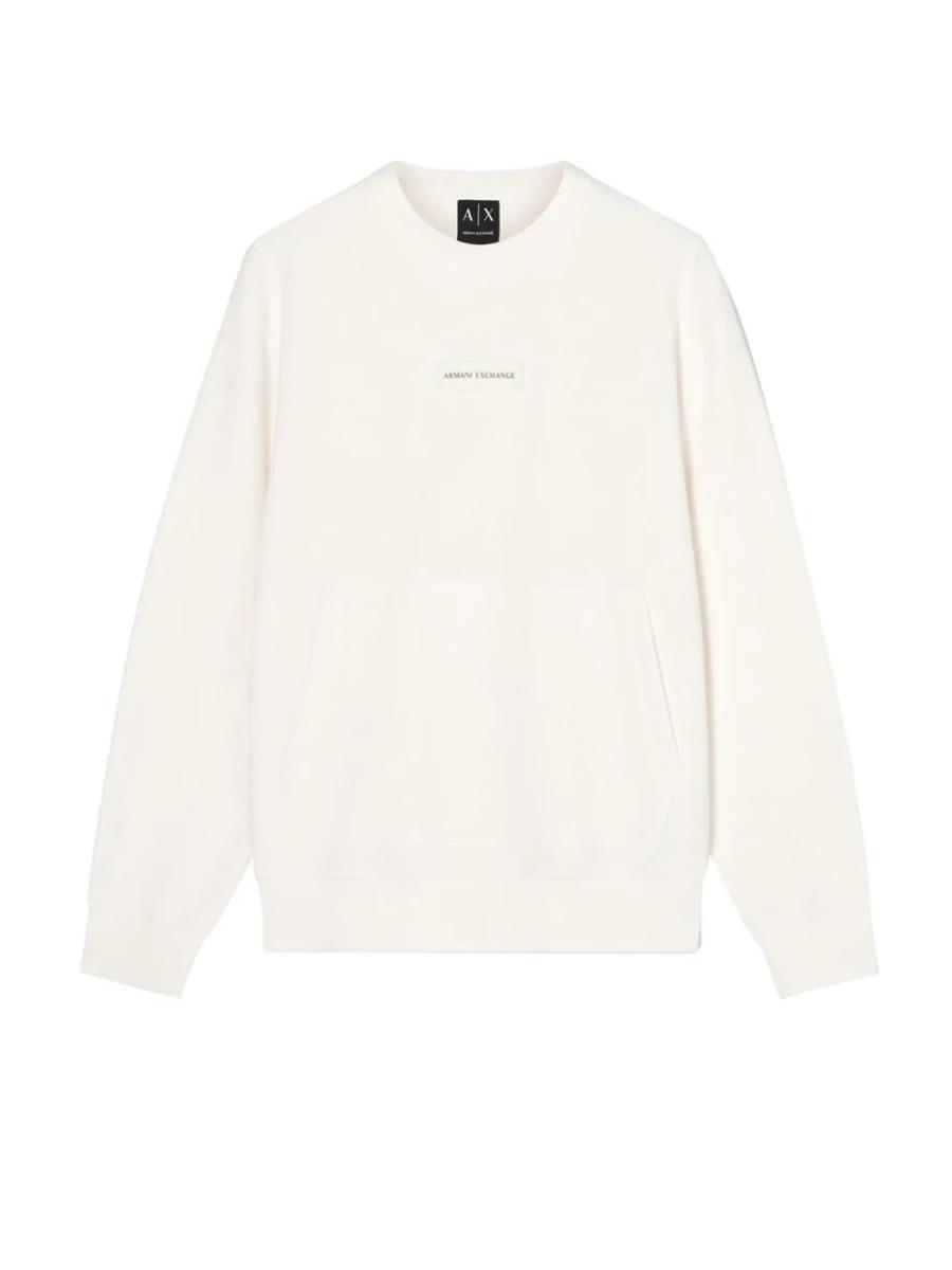 Armani Exchange Embroidered Logo Patch, Monochrome, Front Pocket Felpa con Cappuccio Uomo-Crema