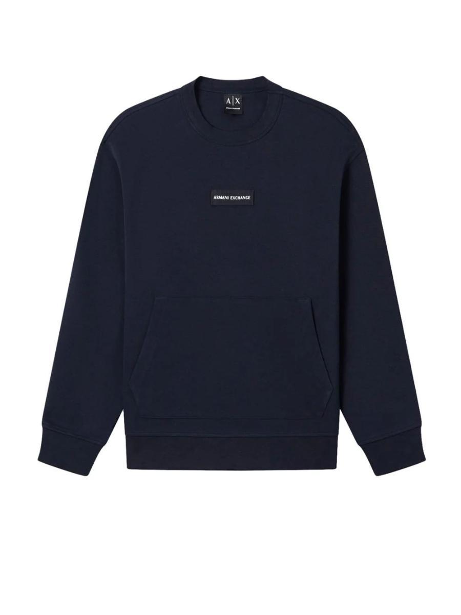 Armani Exchange Embroidered Logo Patch, Monochrome, Front Pocket Felpa con Cappuccio Uomo-Navy scuro