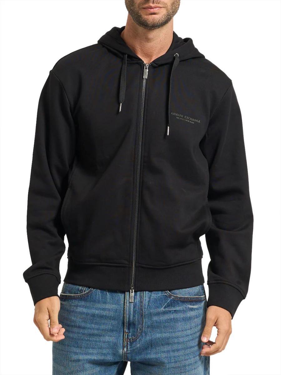 Armani Exchange Genuine Cotton, Zipped, Long Sleeve Side Logo Felpa con Cappuccio Uomo (Pacco da 1)-Nero