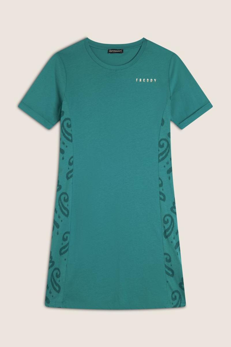 FREDDY Vestito Donna in Jersey con Maniche Corte Stampa Floreale Laterale e Logo sul Cuore-Smeraldo