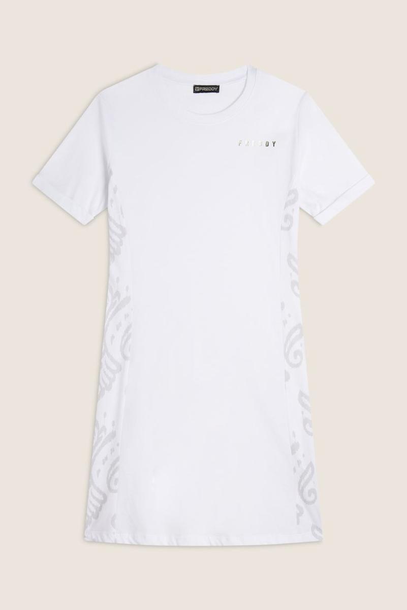 FREDDY Vestito Donna in Jersey con Maniche Corte Stampa Floreale Laterale e Logo sul Cuore-Bianco