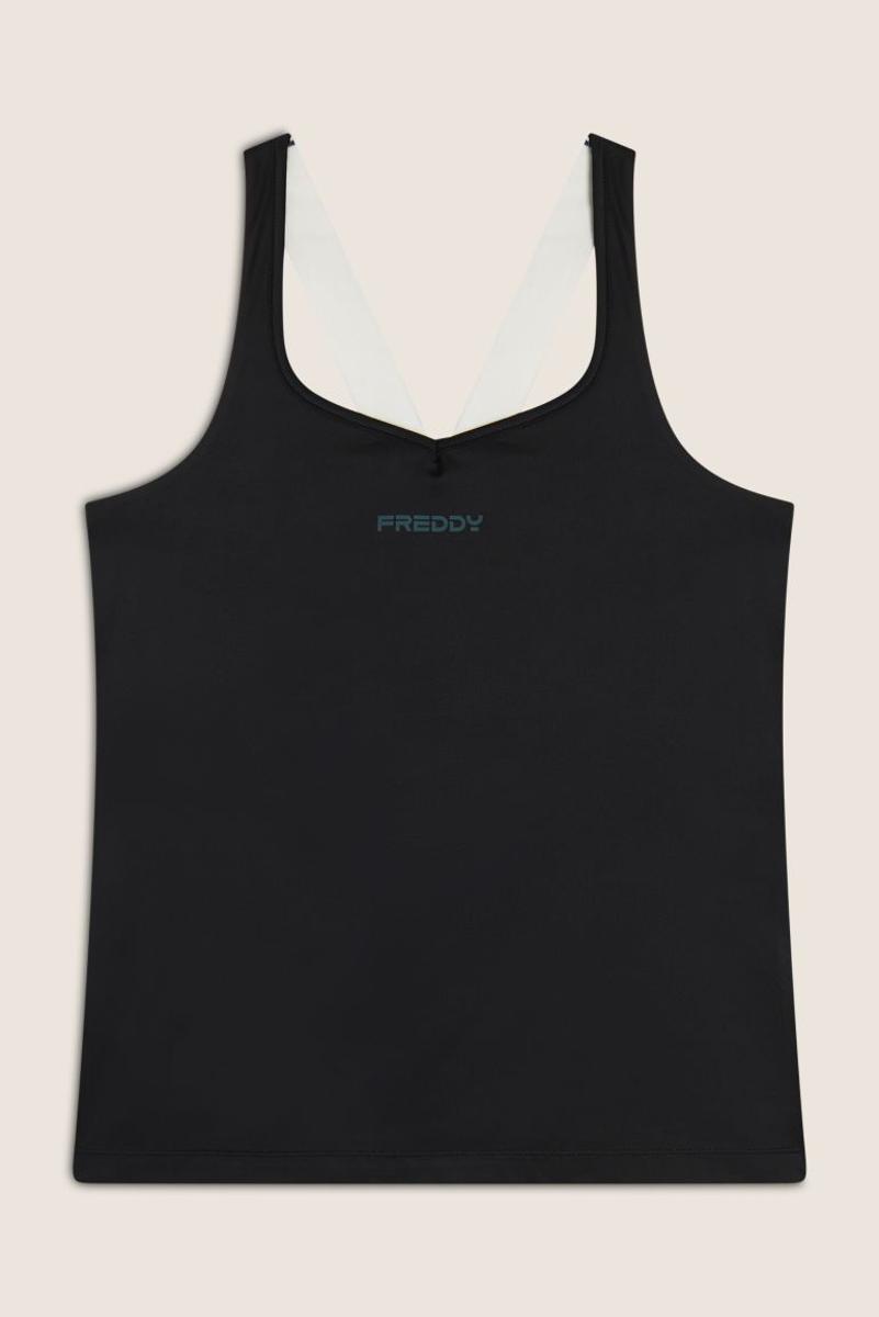 FREDDY Canotta Sportiva Donna con Reggiseno Integrato Supporto Medio e Dettagli a Contrasto-Nero