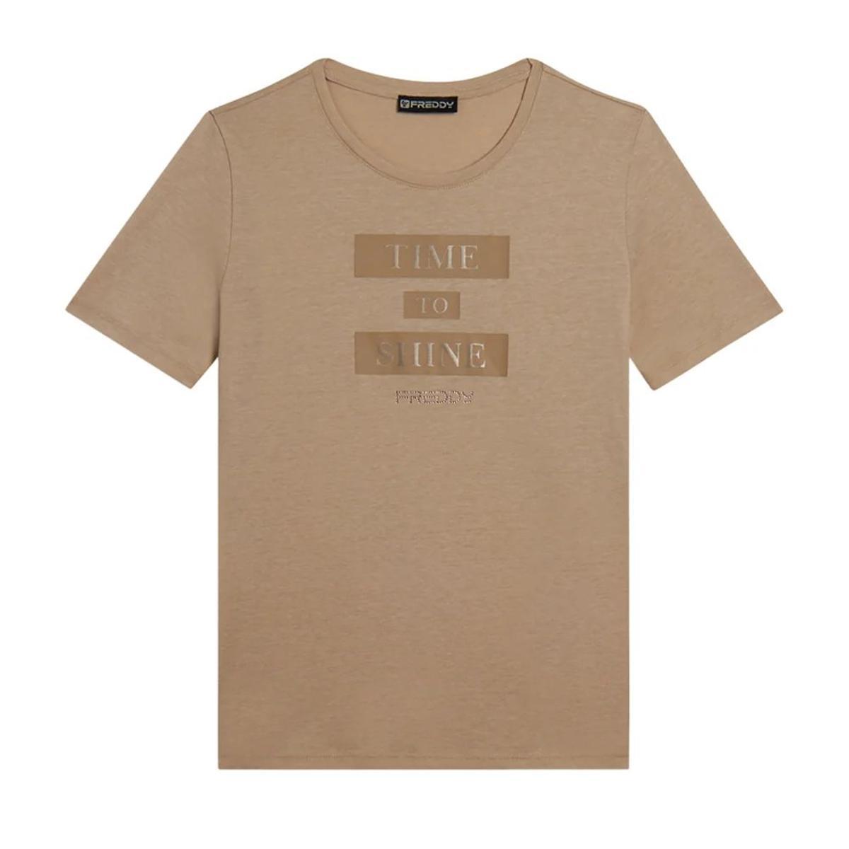 FREDDY - T-Shirt da Donna con Grafica E Slogan Motivazionale, 60% Cotone 40% Poliestere-Beige