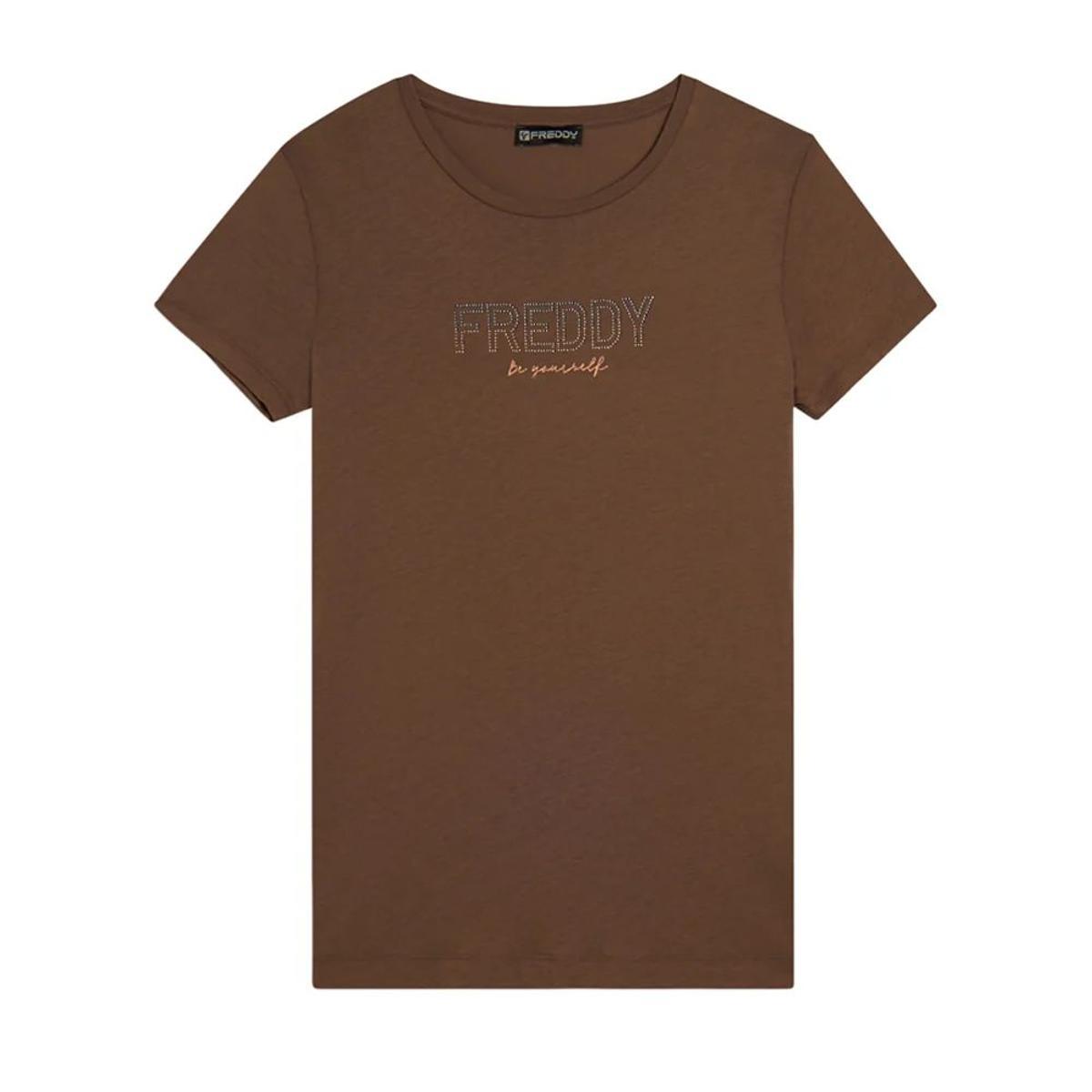 FREDDY T-Shirt Donna in Jersey Modal Cotone con Mini Spacchi Laterali e Logo Strass