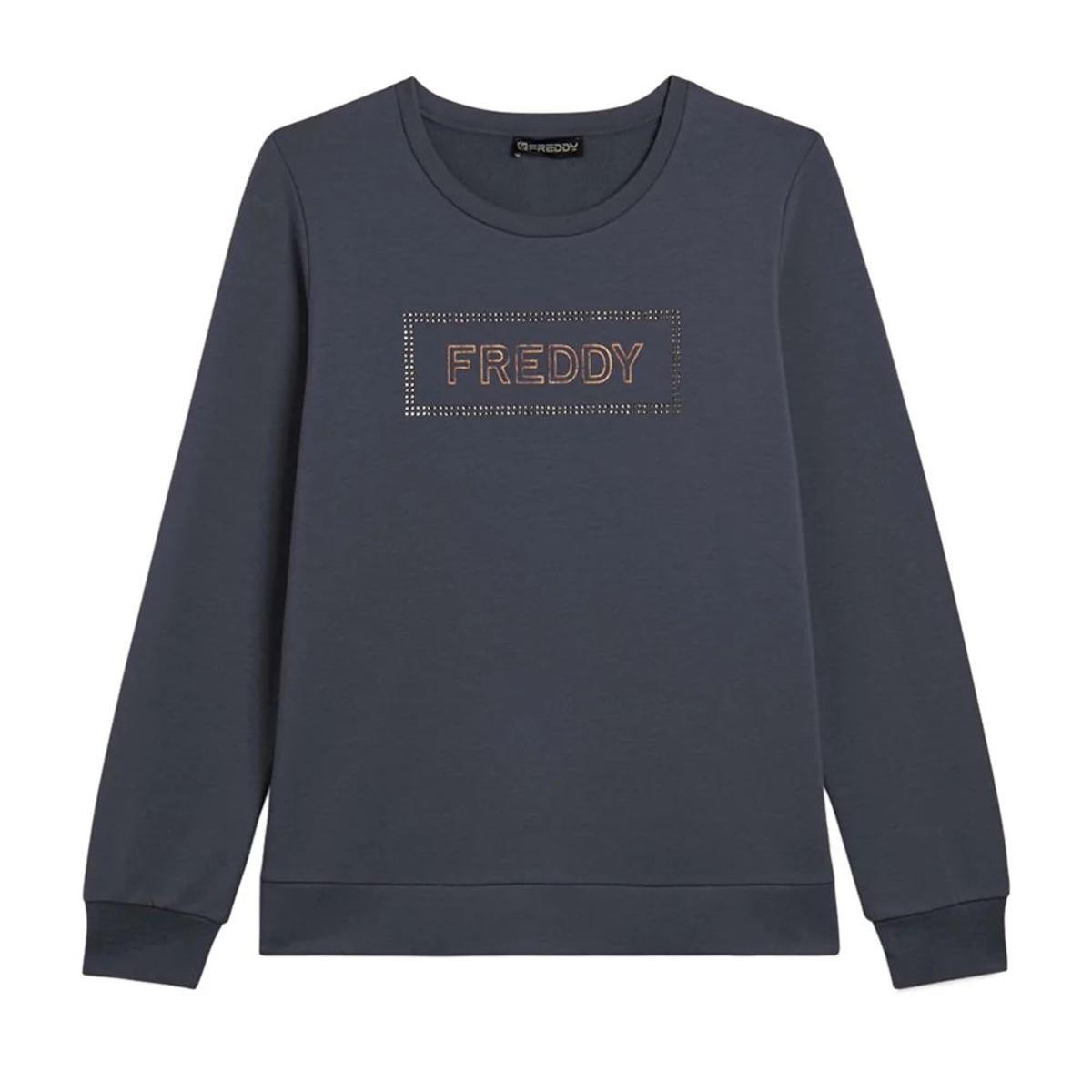 FREDDY Felpa Donna Sportiva in Modal Garzato con Grafica Frontale Logo Strass-Blu