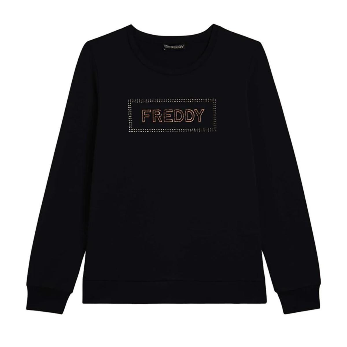 FREDDY Felpa Donna Sportiva in Modal Garzato con Grafica Frontale Logo Strass-Nero
