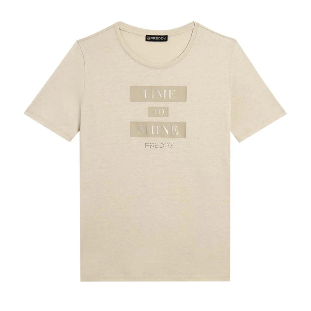 FREDDY - T-Shirt da Donna con Grafica E Slogan Motivazionale, 60% Cotone 40% Poliestere-Crema