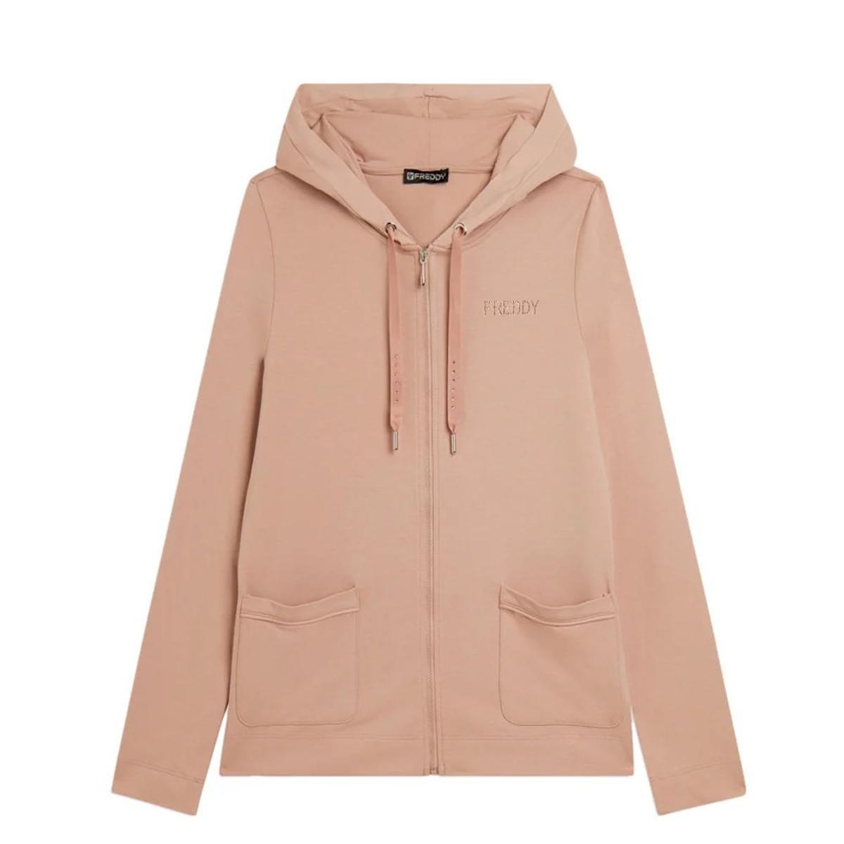 FREDDY - Felpa Cappuccio Zip con Strass E Inserto Effetto Seta, 50% Modal 45% Cotone 5% Elastan-Beige