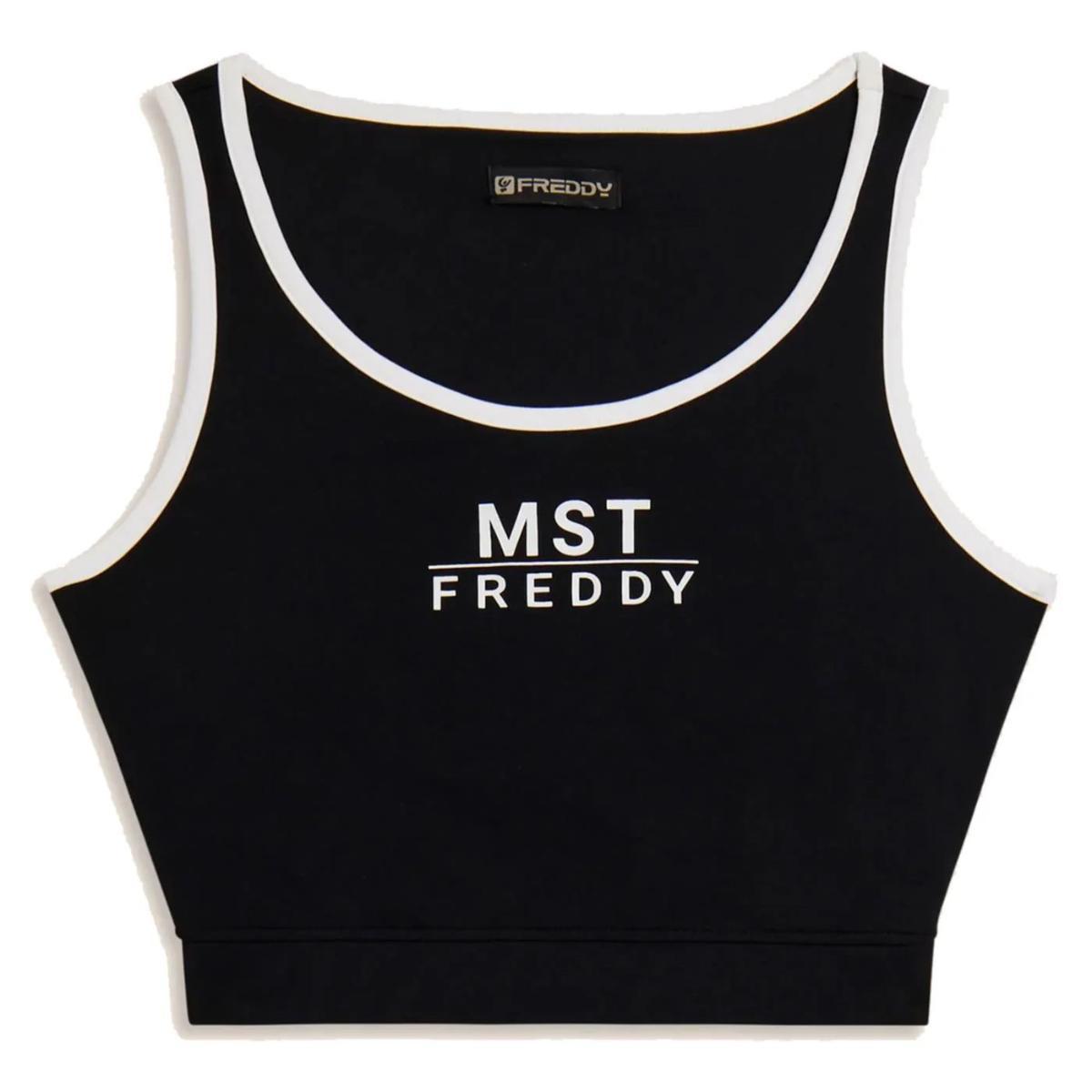 FREDDY - Top Sportivo Aderente con Stampa MST, 73% Poliammide 27% Elastan-Nero