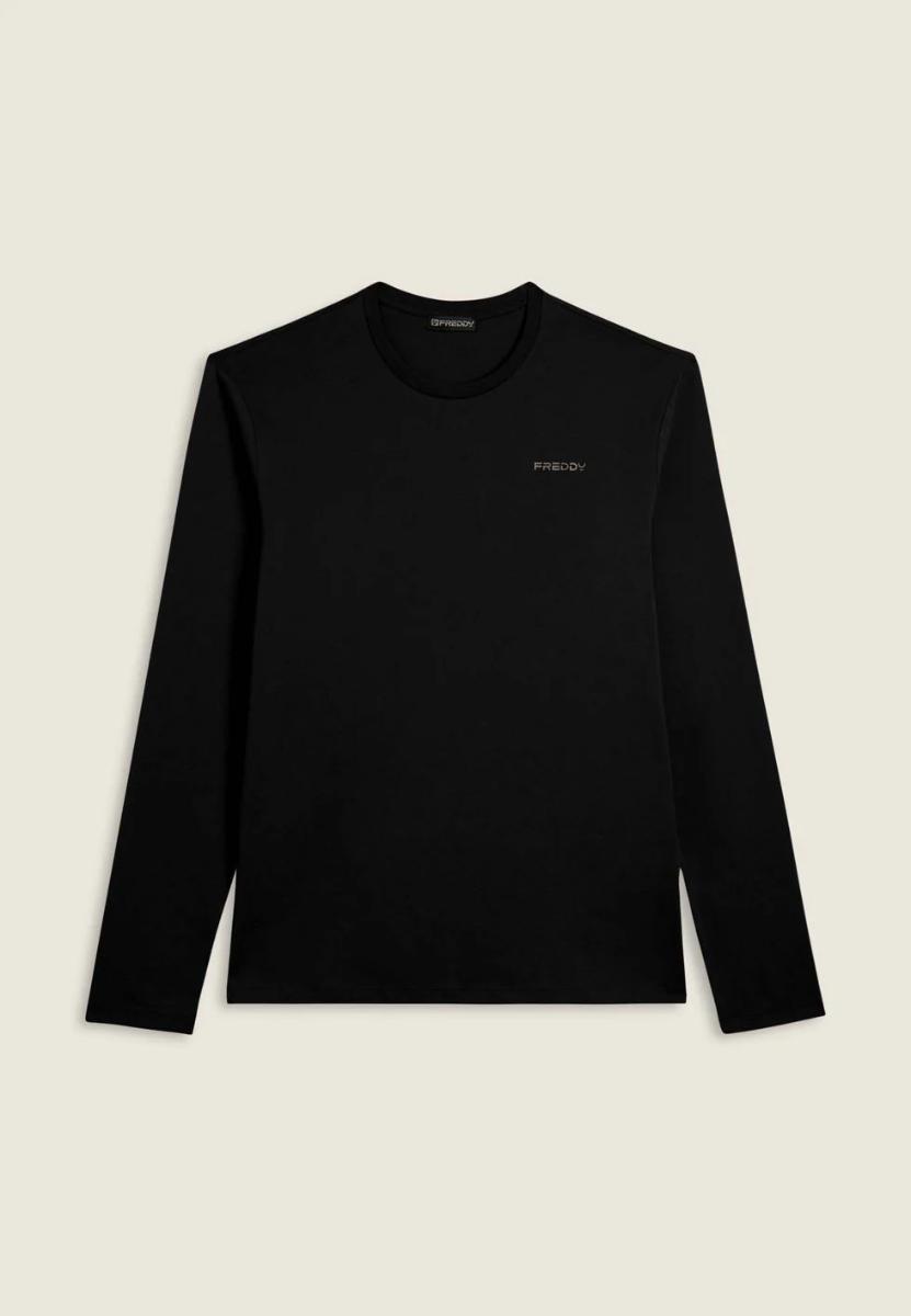 FREDDY - T-Shirt Manica Lunga in Cotone con Logo Lato Cuore, 100% Cotone-Nero