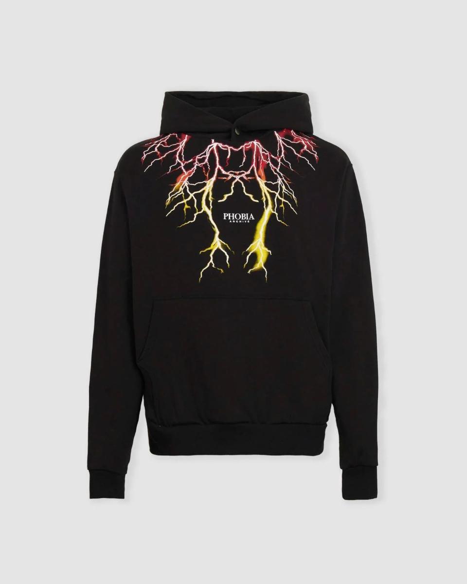 BLACK HOODIE WITH ORANGE AND YELLOW LIGHTNING-Nero